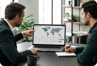 Two people reviewing an international growth dashboard on a laptop